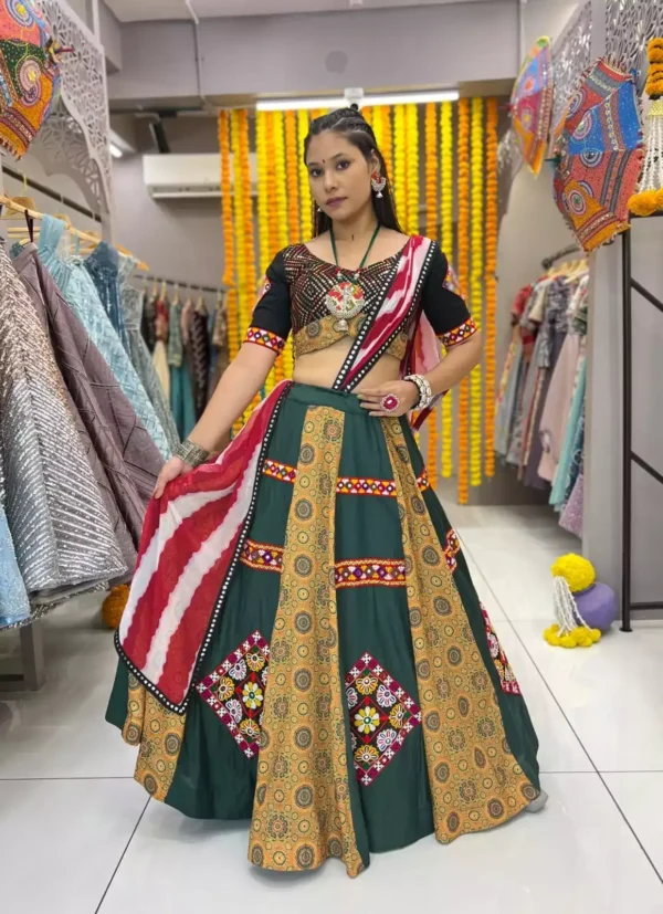 Green color heavy printed gamthi work embroided navratri chaniya choli