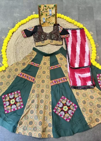 Green color heavy printed gamthi work embroided navratri chaniya choli