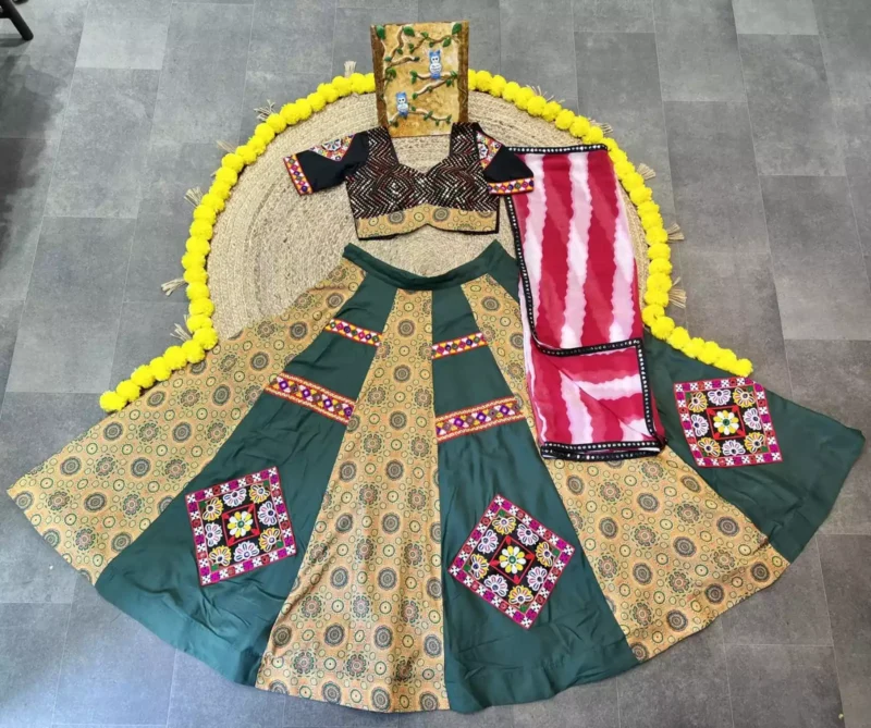 Green color heavy printed gamthi work embroided navratri chaniya choli