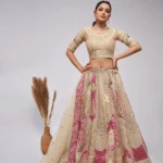 ivory color organza silk fabric paisley motifs embroidered bridal lehenga choli