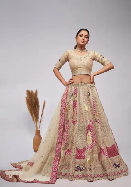 ivory color organza silk fabric paisley motifs embroidered bridal lehenga choli