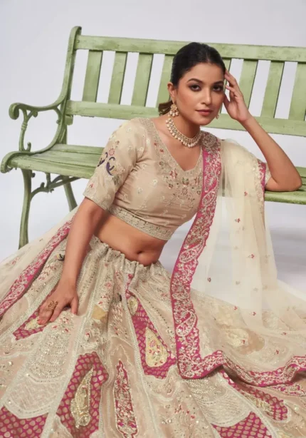 ivory color organza silk fabric paisley motifs embroidered bridal lehenga choli