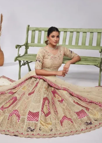 ivory color organza silk fabric paisley motifs embroidered bridal lehenga choli