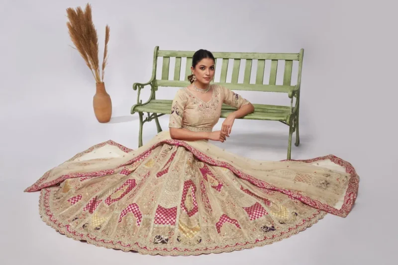 ivory color organza silk fabric paisley motifs embroidered bridal lehenga choli