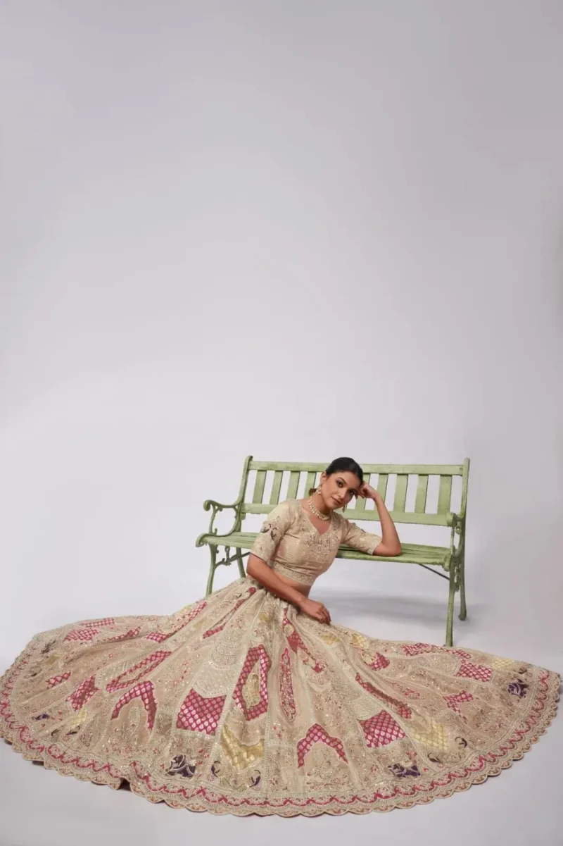 ivory color organza silk fabric paisley motifs embroidered bridal lehenga choli