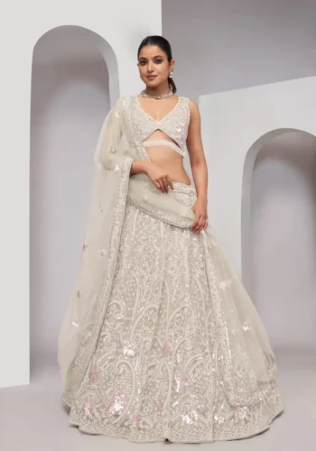 ivory white color imperial paisley and floral patterns sequins embroidered bridal lehenga choli