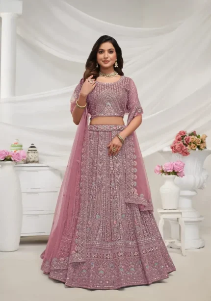 Mauve color paisley patterned zariwork soft net fabric bridal lehenga choli