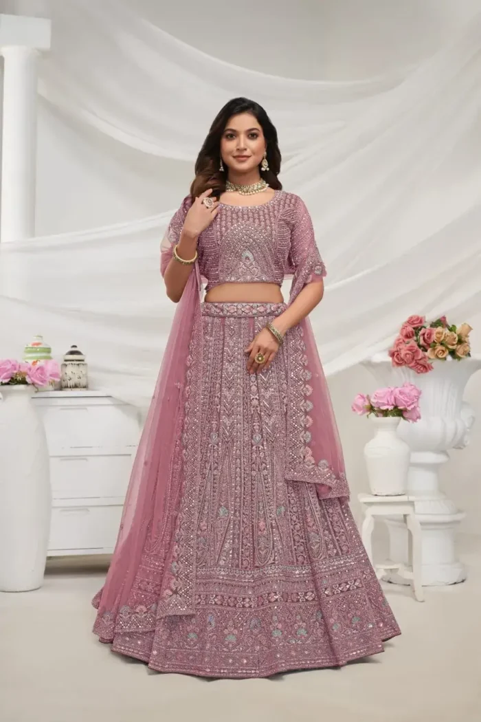 Mauve color paisley patterned zariwork soft net fabric bridal lehenga choli