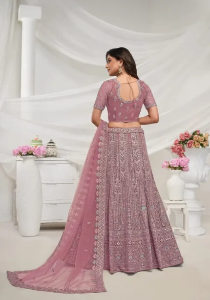 Mauve color paisley patterned zariwork soft net fabric bridal lehenga choli