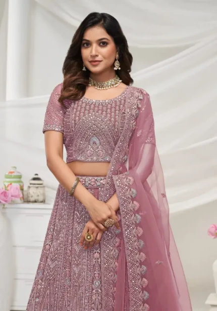 Mauve color paisley patterned zariwork soft net fabric bridal lehenga choli