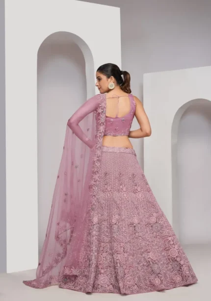 Mauve color Zari Embroidered Floral Pattern soft net fabric Bridal Lehenga Choli