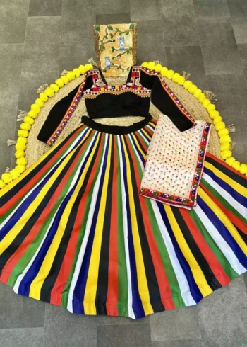 Multi Lining Lehenga with Black Mens Kurta for Navratri