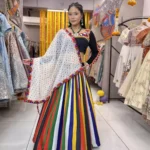 Multi Lining Lehenga with Black Mens Kurta for Navratri