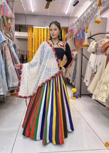 Multi Lining Lehenga with Black Mens Kurta for Navratri