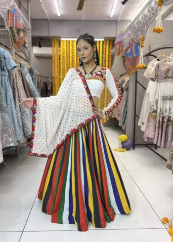 Multi Lining Lehenga with Black Mens Kurta for Navratri
