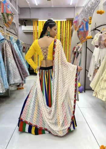 Multi Lining Lehenga with Black Mens Kurta for Navratri