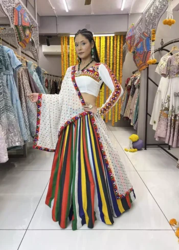 Multi Lining Lehenga with Black Mens Kurta for Navratri
