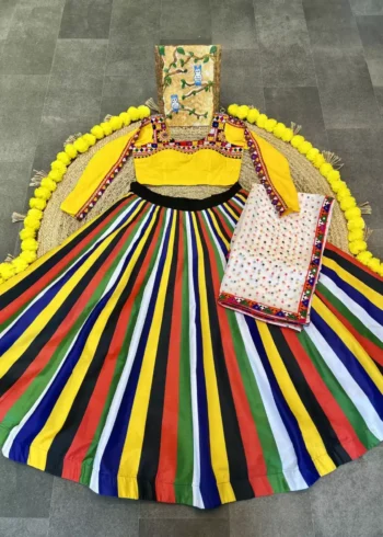 Multi Lining Lehenga with Black Mens Kurta for Navratri