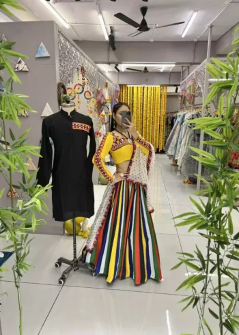 Multi Lining Lehenga with Black Mens Kurta for Navratri
