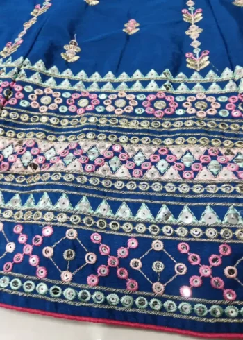 multi color thread work chinnon fabric blue color bridal and party wear lehenga choli