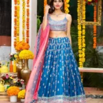 multi color thread work chinnon fabric blue color bridal and party wear lehenga choli