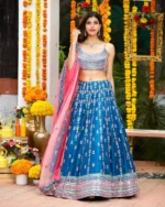 multi color thread work chinnon fabric blue color bridal and party wear lehenga choli