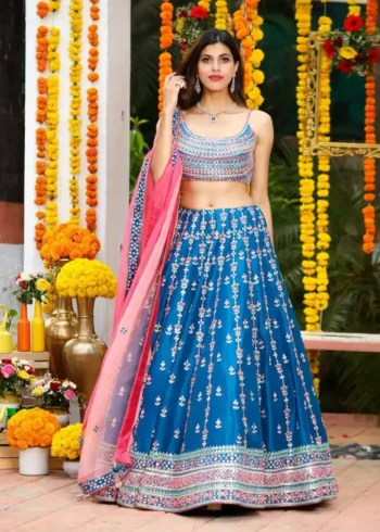 multi color thread work chinnon fabric blue color bridal and party wear lehenga choli