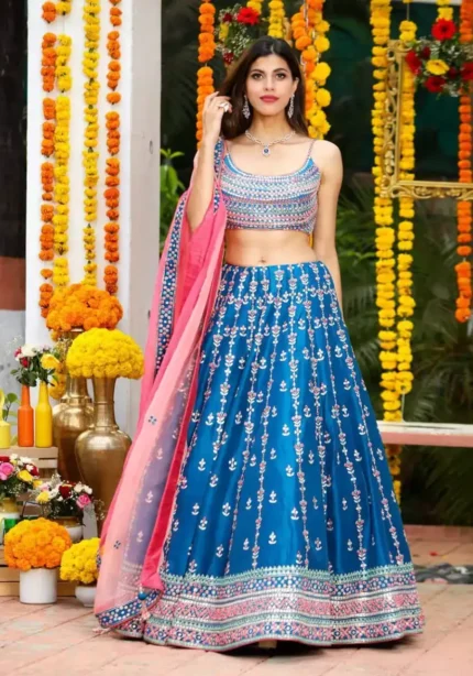 multi color thread work chinnon fabric blue color bridal and party wear lehenga choli