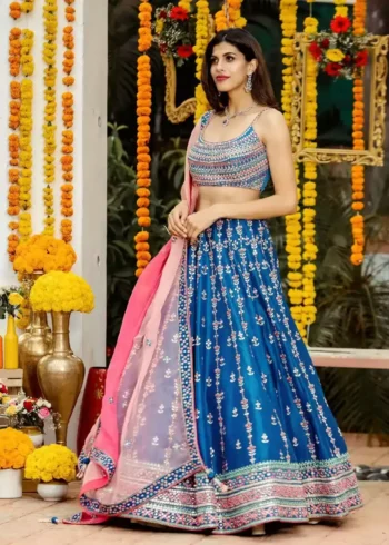 multi color thread work chinnon fabric blue color bridal and party wear lehenga choli