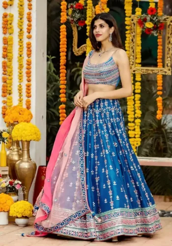 multi color thread work chinnon fabric blue color bridal and party wear lehenga choli