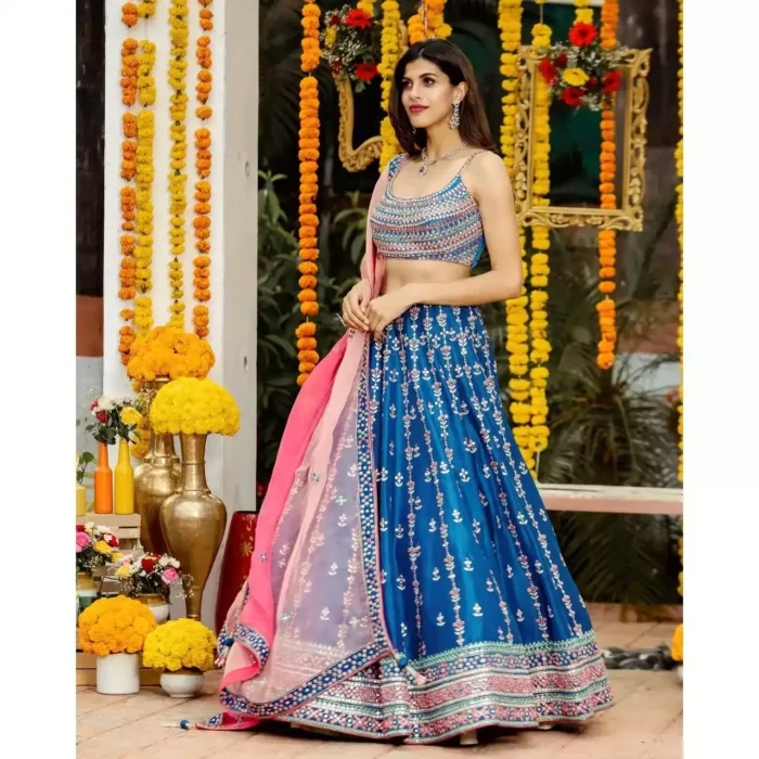 multi color thread work chinnon fabric blue color bridal and party wear lehenga choli