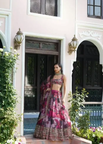 organza fabric pink color zari embroidered party wear lehenga choli