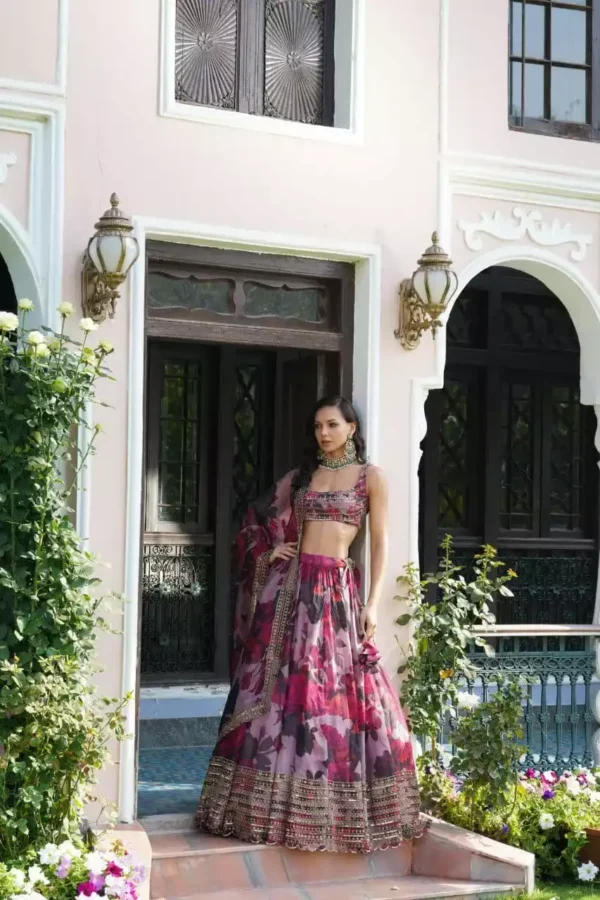 organza fabric pink color zari embroidered party wear lehenga choli