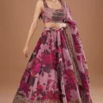 organza fabric pink color zari embroidered party wear lehenga choli