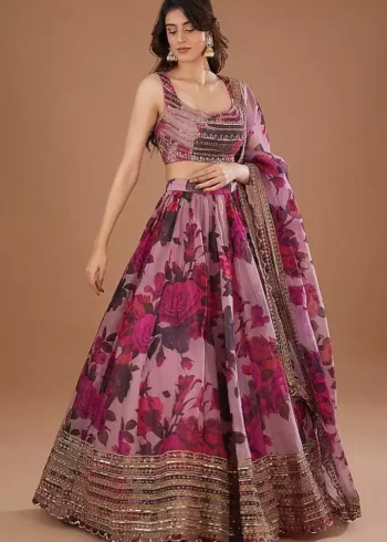 organza fabric pink color zari embroidered party wear lehenga choli