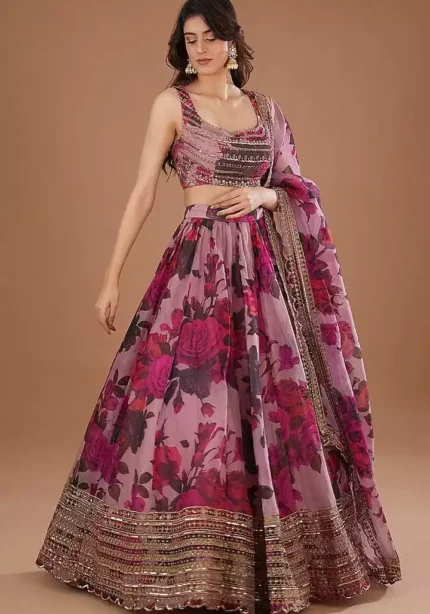 organza fabric pink color zari embroidered party wear lehenga choli