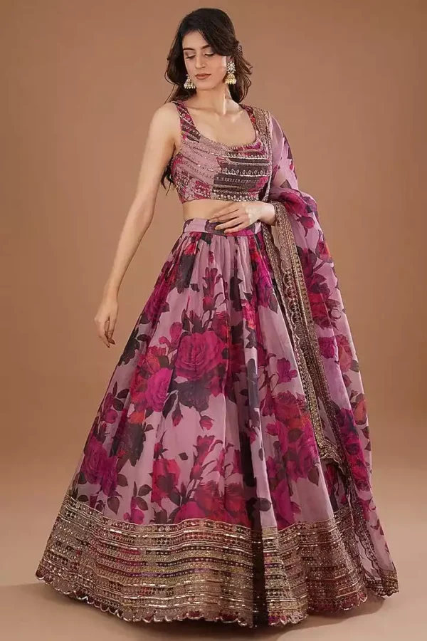 organza fabric pink color zari embroidered party wear lehenga choli