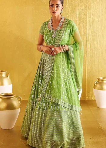 parrot green color bangalori silk fabric zari embroidered party wear lehenga choli
