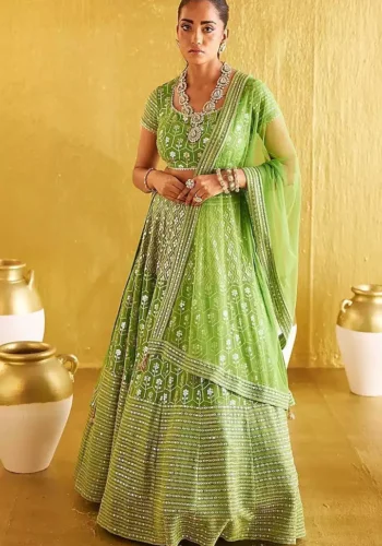 parrot green color bangalori silk fabric zari embroidered party wear lehenga choli