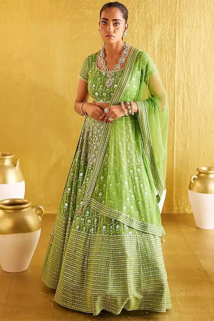 parrot green color bangalori silk fabric zari embroidered party wear lehenga choli