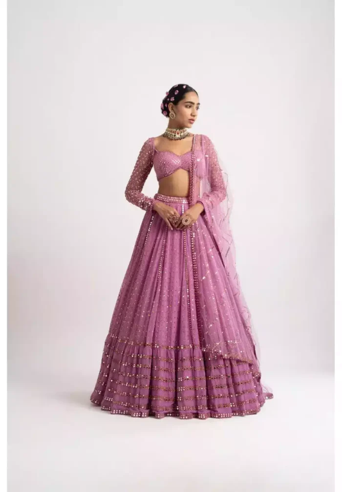 pink color faux georgette embroidered party wear and bridal lehenga choli