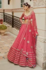 red color faux georgette embroidered party wear and bridal lehenga choli