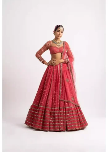 red color faux georgette embroidered party wear and bridal lehenga choli