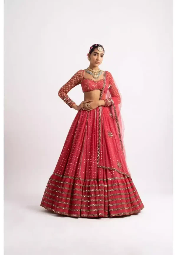 red color faux georgette embroidered party wear and bridal lehenga choli