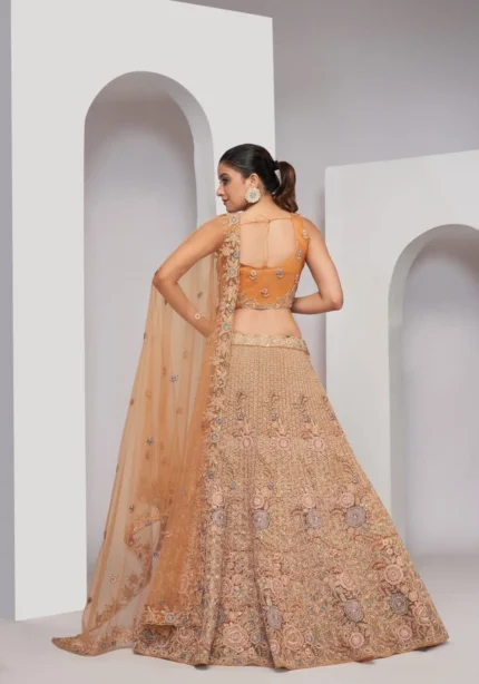 Rust color Zari Embroidered Floral Pattern soft net fabric Bridal Lehenga Choli