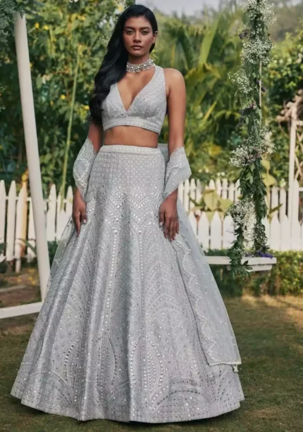 steel grey color heavy banglori silk fabric party wear lehenga choli