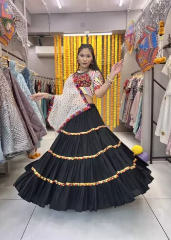 three star black color navratri chaniya choli with mens kurta