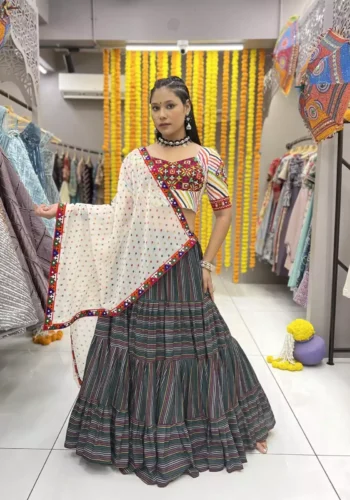 black chaniya choli with multi color lining all over for navratri