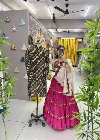 three star rani color navratri chaniya choli with mens kurta