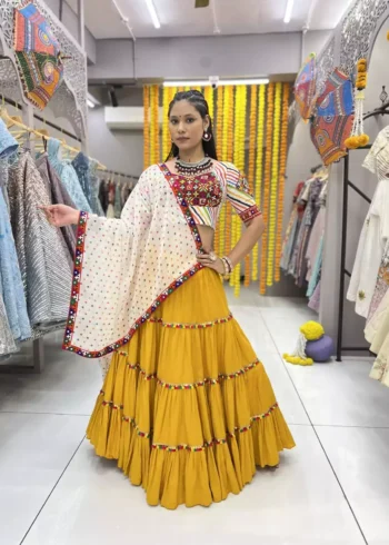 three star yellow color navratri chaniya choli with mens kurta